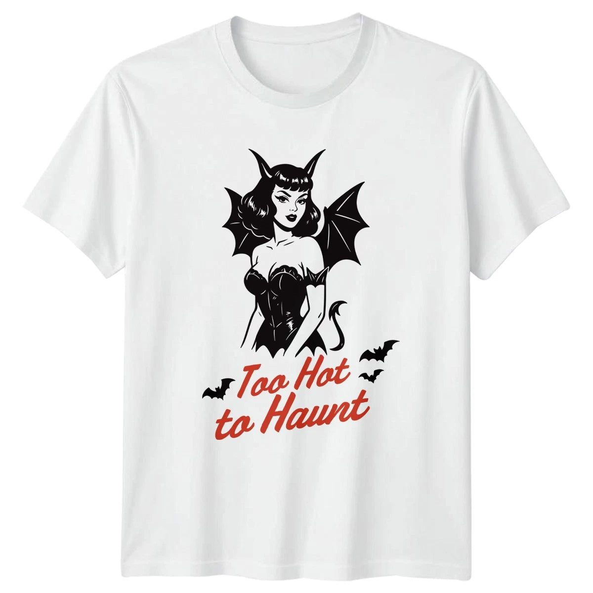 Too Hot To Haunt Pinup Devil Halloween Mens Womens Graphic Tee Shirt