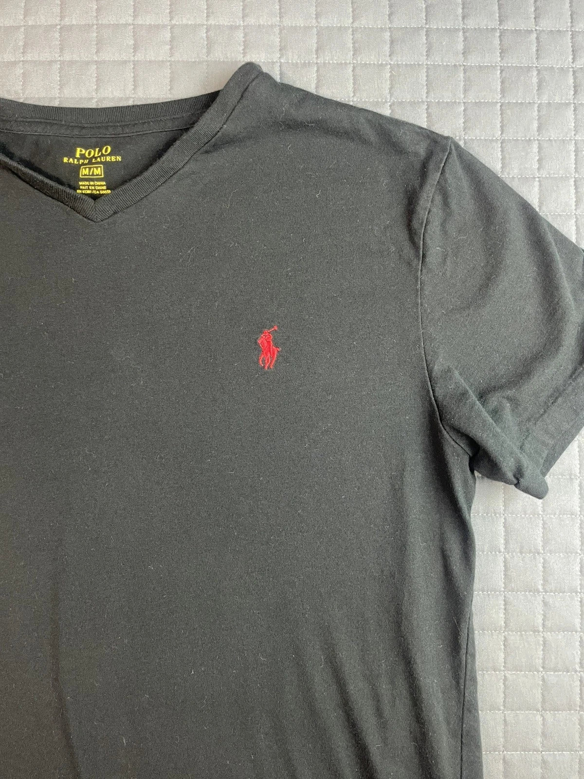 Polo Ralph Lauren Shirt Mens Medium Black V Neck Custom Slim Fit Red Pony Tee