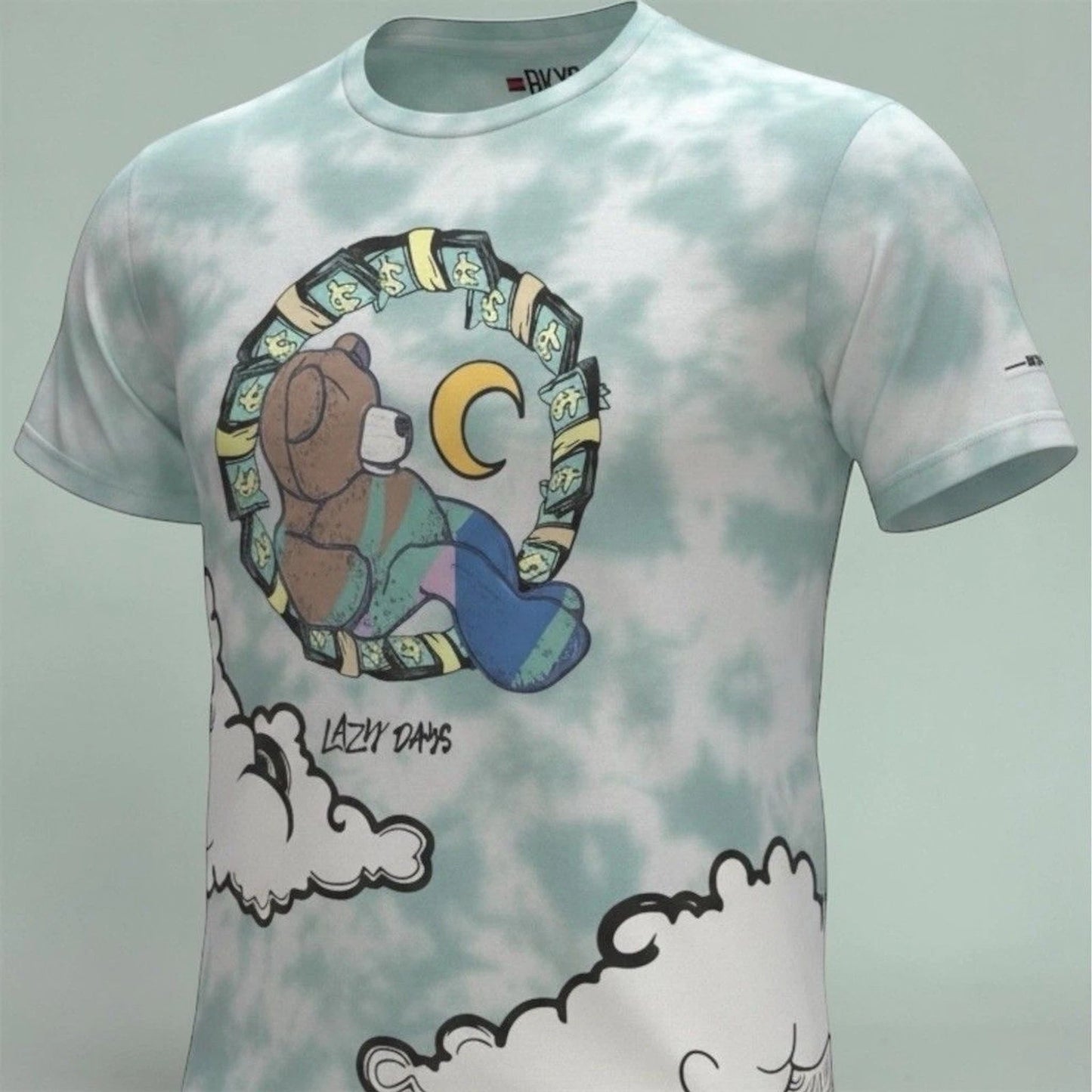 BKYS Lazy Days T-Shirt Unisex Adults L Blue Tie Dye Bear Moon Money Clouds