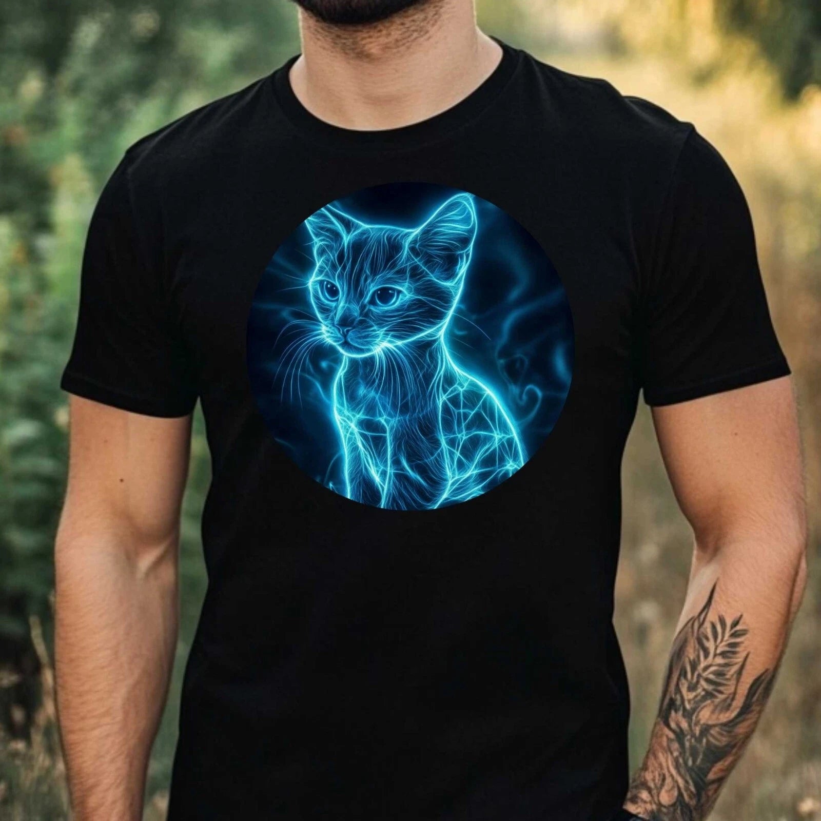 Mens Glowing Cat Print Cotton T-Shirt Size XS to 5XL