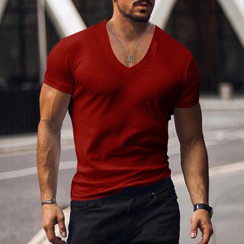 Mens Gym V Neck Muscle T Shirt Men Summer Short Sleeve Holiday Slim Fit Tops