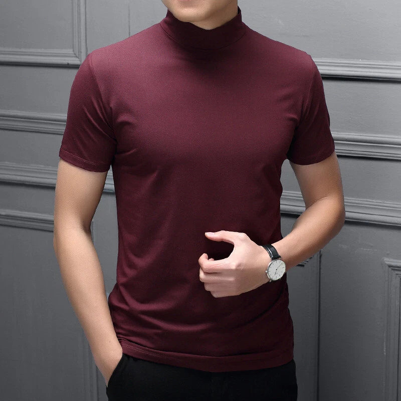 Men Half High Collar Tops T-Shirt Tee Short Sleeve Slim Solid Color Fashi ↲