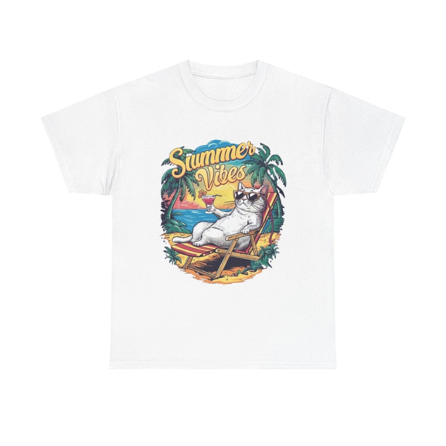 Summer Vibes Graphic T Shirt Funny Cat Drinking Unisex Heavy Cotton Tee