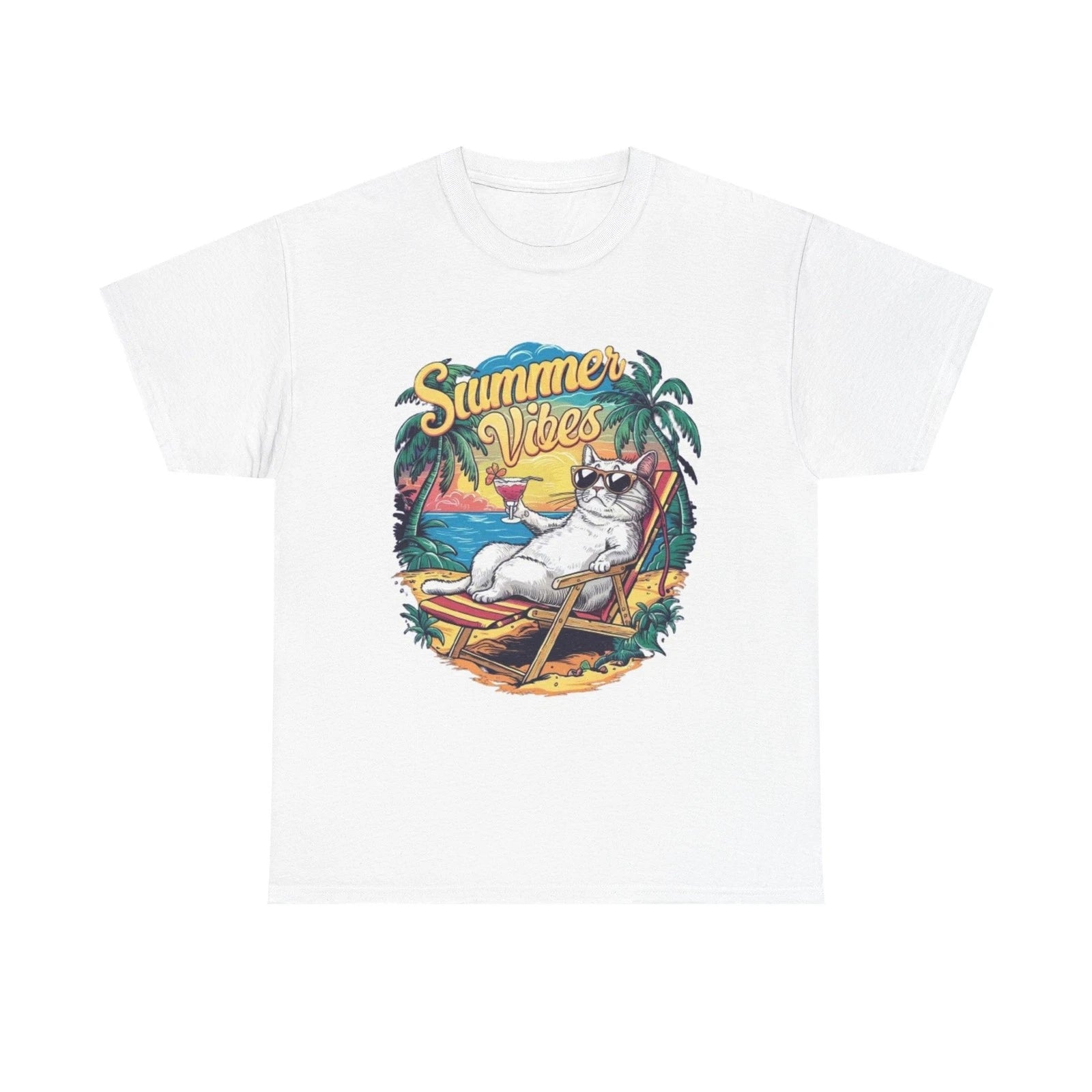 Summer Vibes Graphic T Shirt Funny Cat Drinking Unisex Heavy Cotton Tee