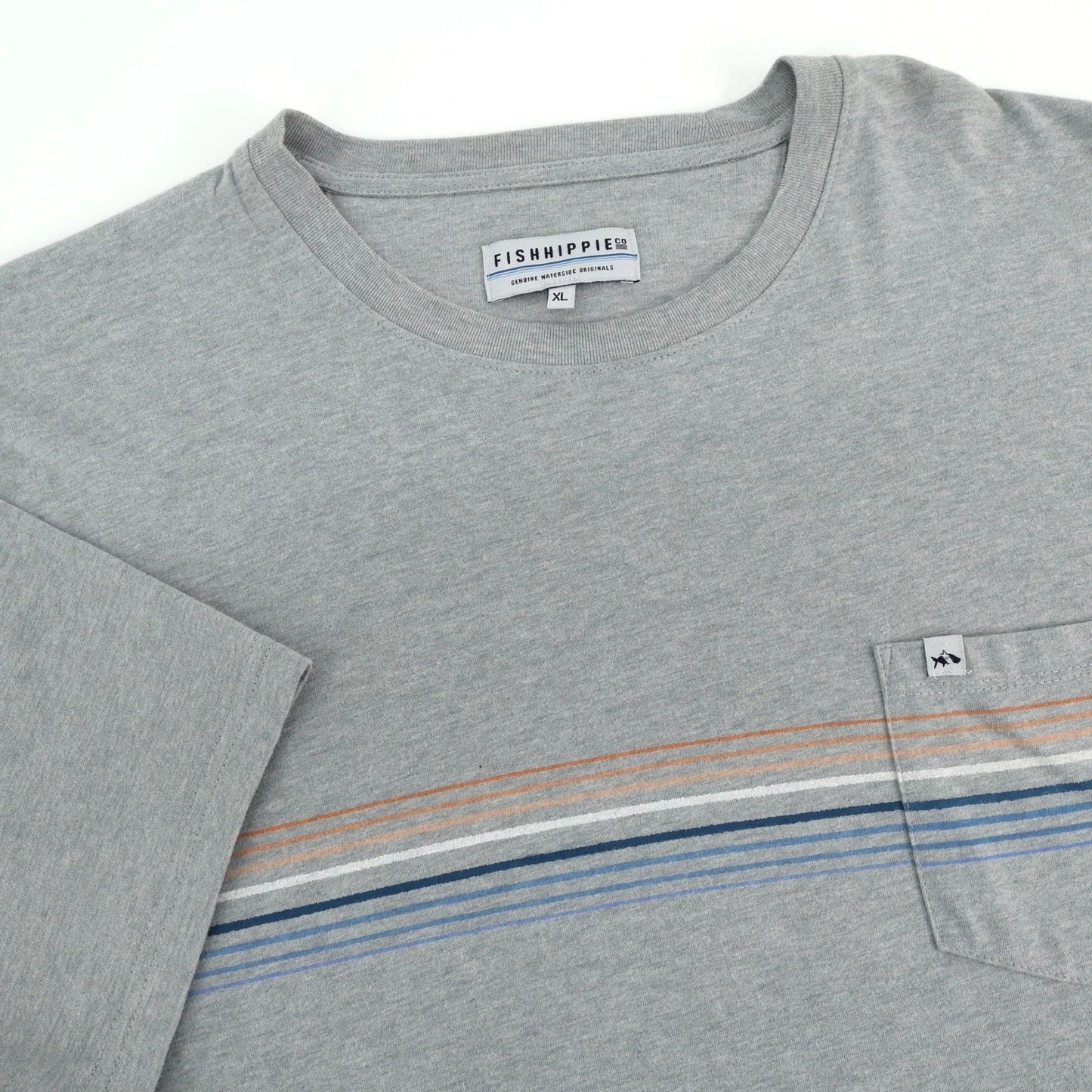 Fish Hippie Co. Men's XL Gray Striped Pocket Crew Neck Short Sleeve T-Shirt