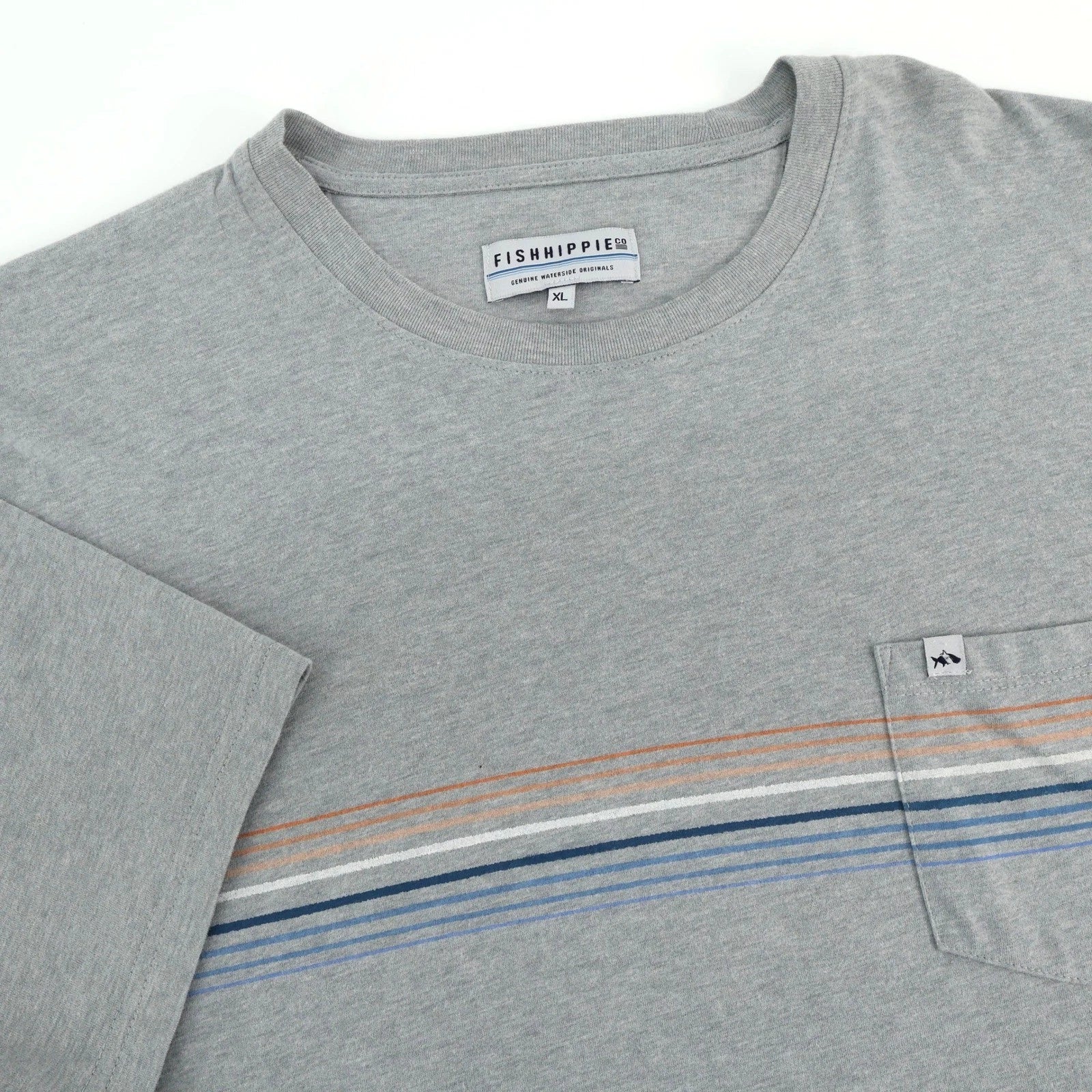 Fish Hippie Co. Men's XL Gray Striped Pocket Crew Neck Short Sleeve T-Shirt