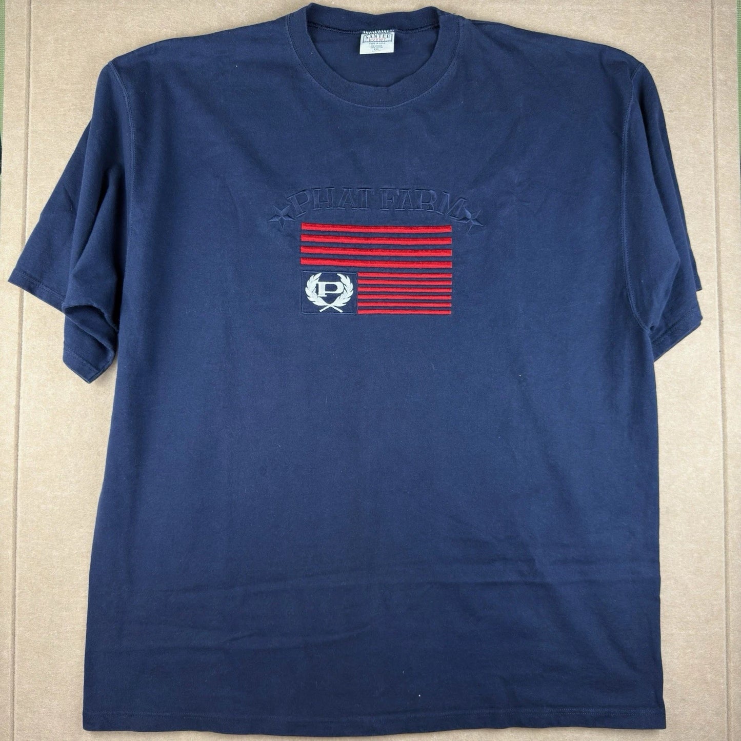 Y2K Phat Farm T-Shirt Men’s XXL Navy Blue Flag Logo Embroidered Streetwear USA