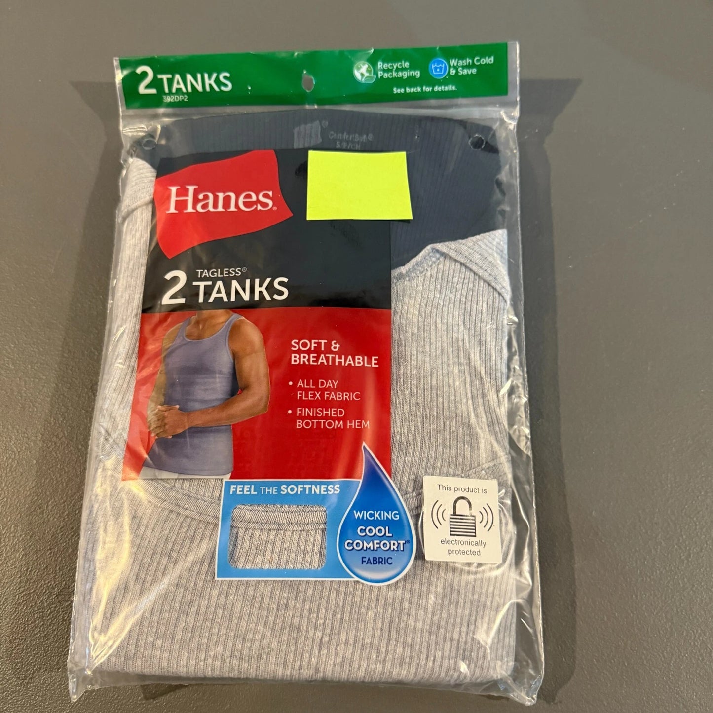 Hanes Mens Tagless Tanks 2 Pack Gray Black Small Medium 2XL Wicking Cool Comfort