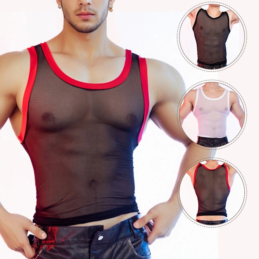 Stylish Men's See through Mesh Vest Sleeveless T shirt Party Nightclubs Top