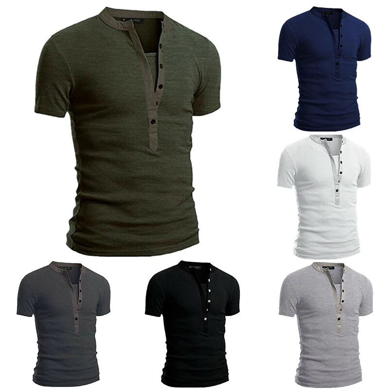 Mens V Neck T Shirt Short Sleeve Slim Fit Casual Muscle Tee Top Button Blouse