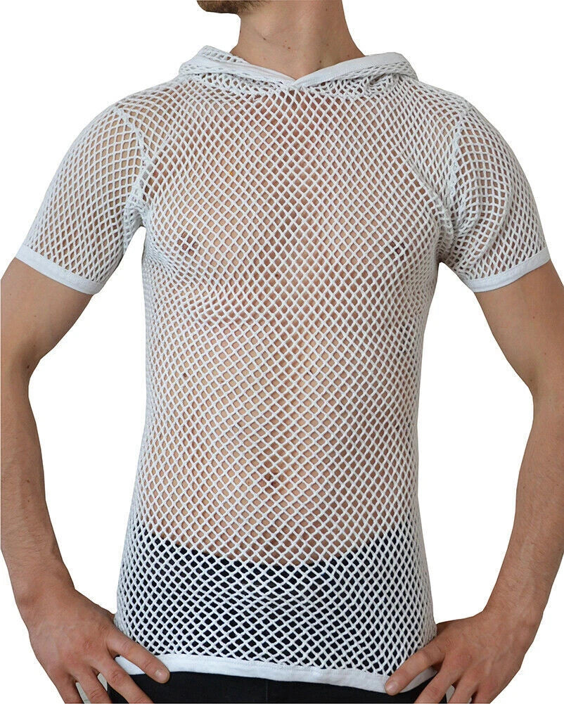 Crystal Mens 100% Cotton String Mesh Fishnet Short Sleeve T-Shirt & Hood