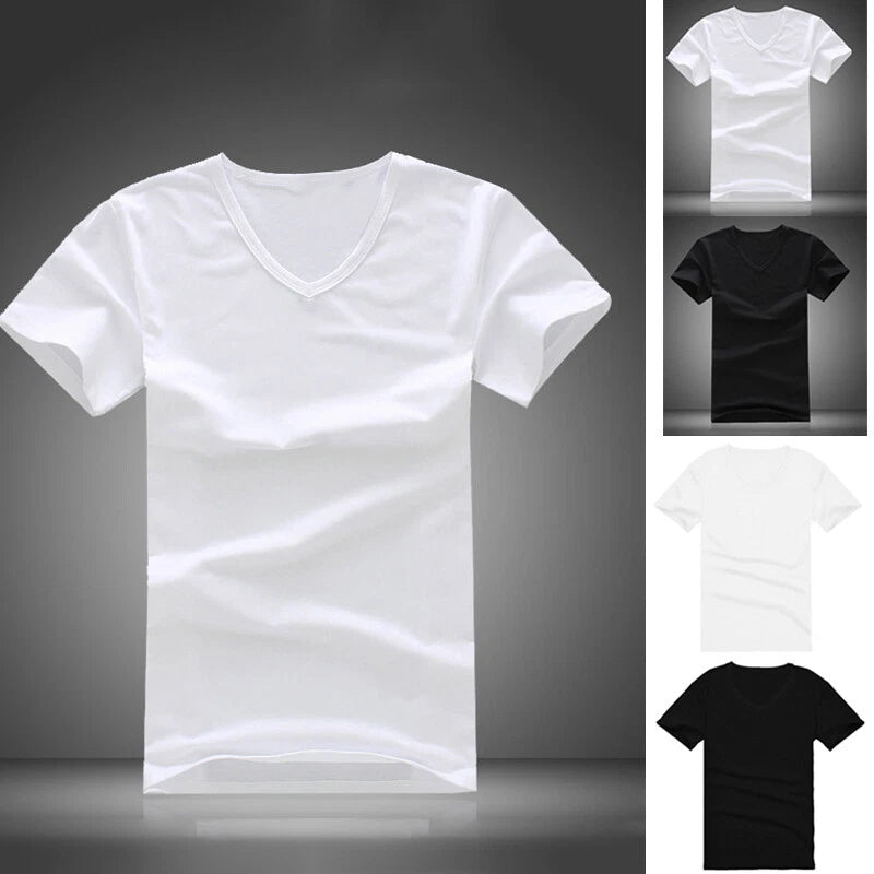 Mens Short Sleeve V Neck Slim Fit Gym Sports T-shirt Top Basic Tee Black White