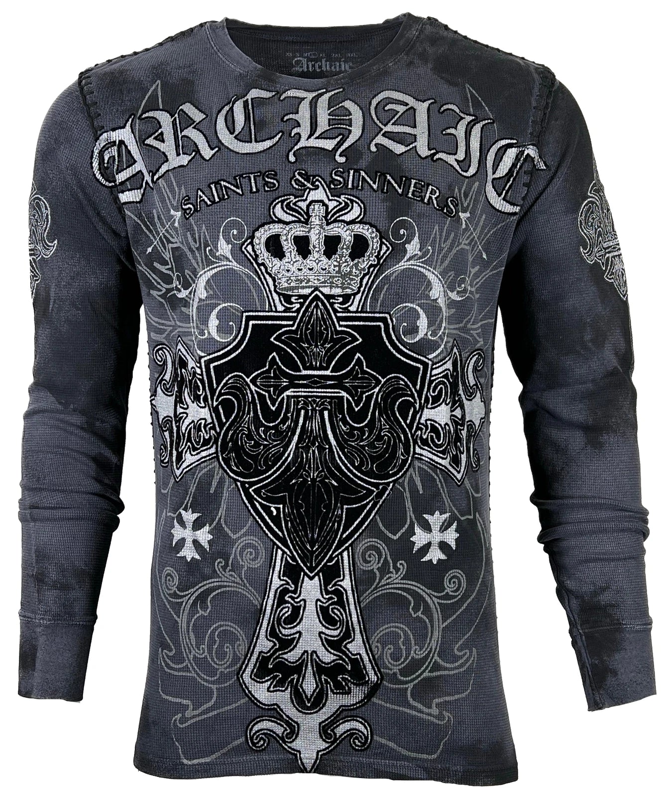 Archaic Affliction Men's Thermal shirt SINESTRO Biker Tattoo Cross Charcoal