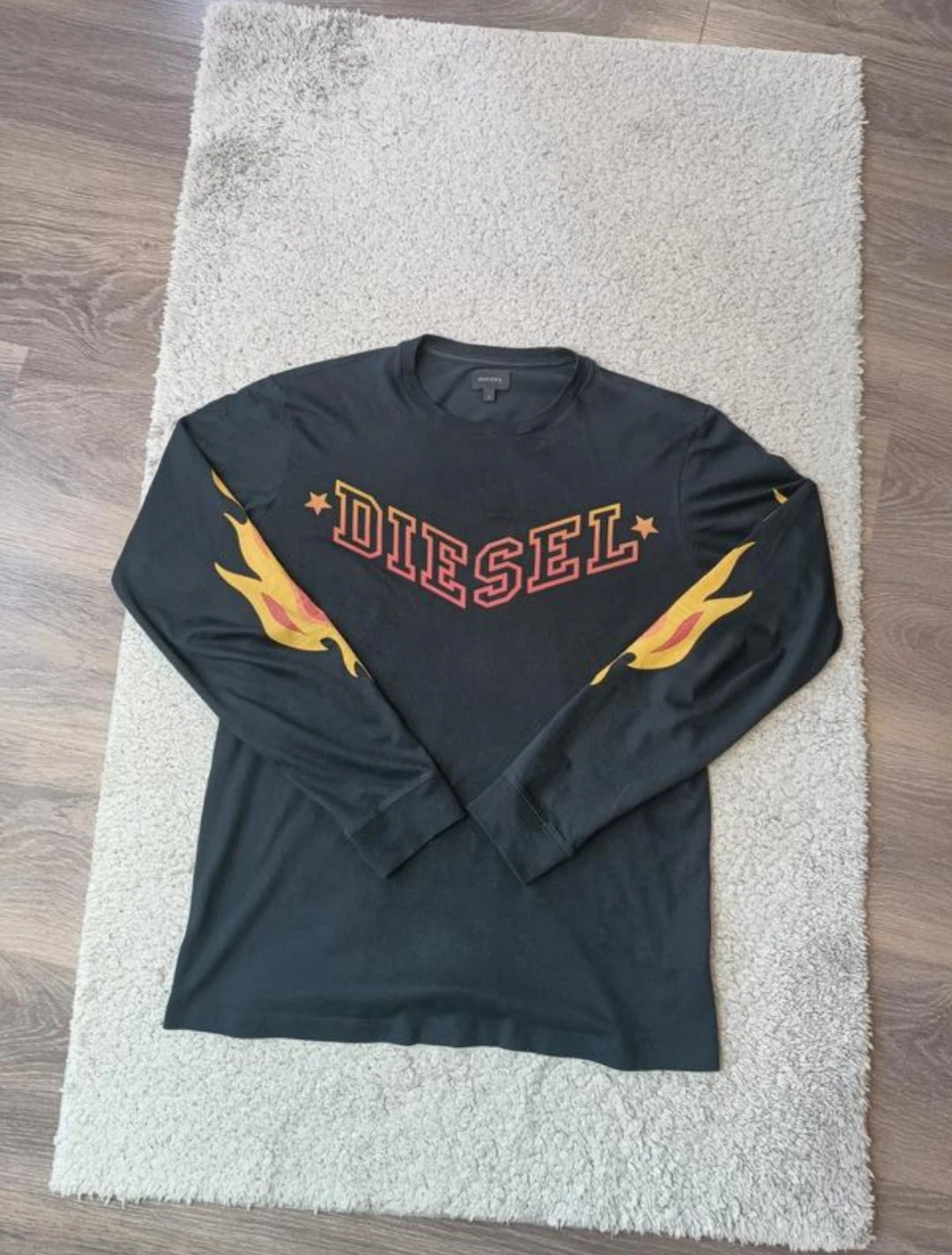 Diesel Black With Flame Big Logo Y2K Men's Long Sleeve Shirt Sz S