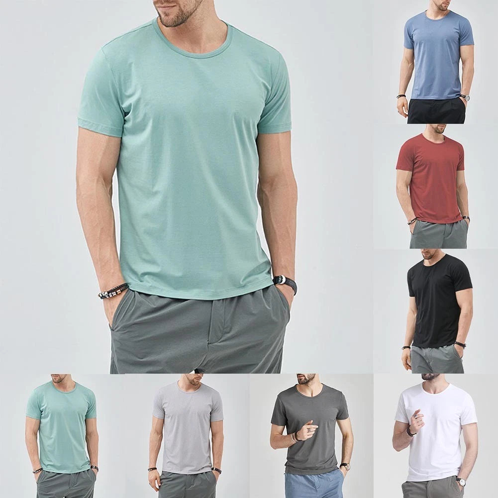 Simple Style Men Casual T-Shirt O-neck Short Sleeve Solid Color Regular Length