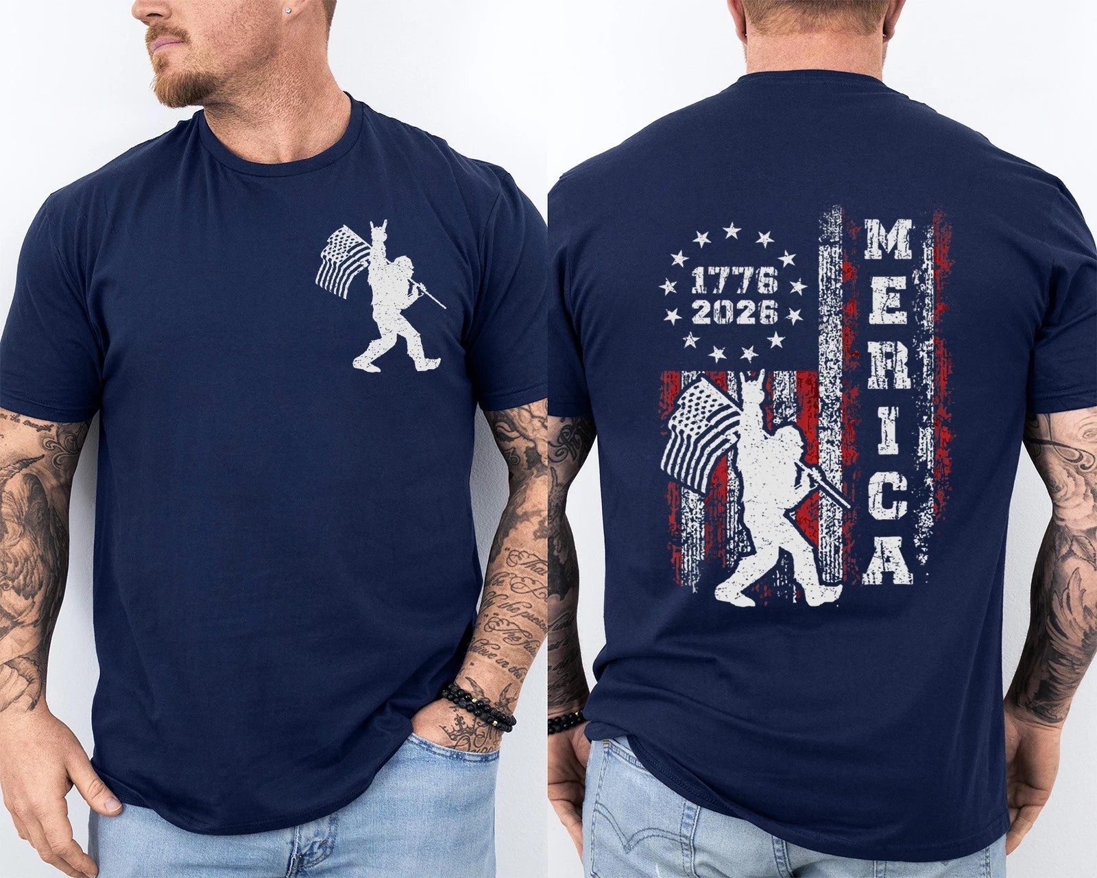 250 Years 1776-2026 250th Anniversary Bigfoot Sasquatch 4th of July 2 Sided Tee