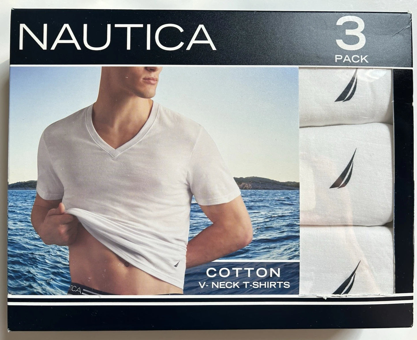 Nautica Cotton V-Neck T-Shirts • 3 Pack White • Men's M (38-40)