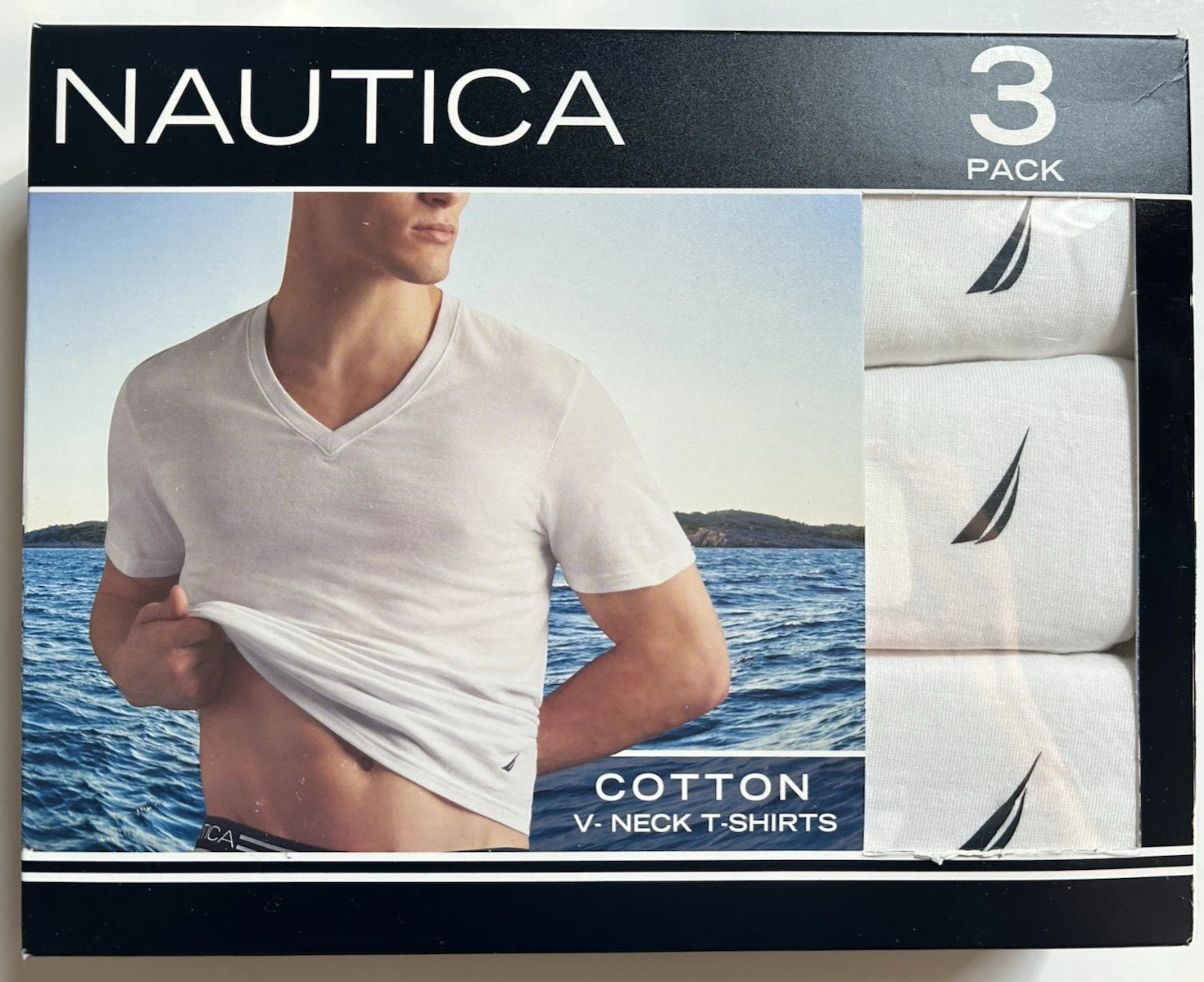 Nautica Cotton V-Neck T-Shirts • 3 Pack White • Men's M (38-40)