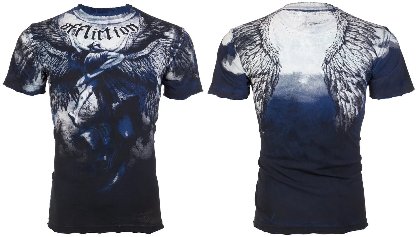 AFFLICTION Men's T-shirt UPWARD Biker Wings Tattoo Blue MMA All Sizes