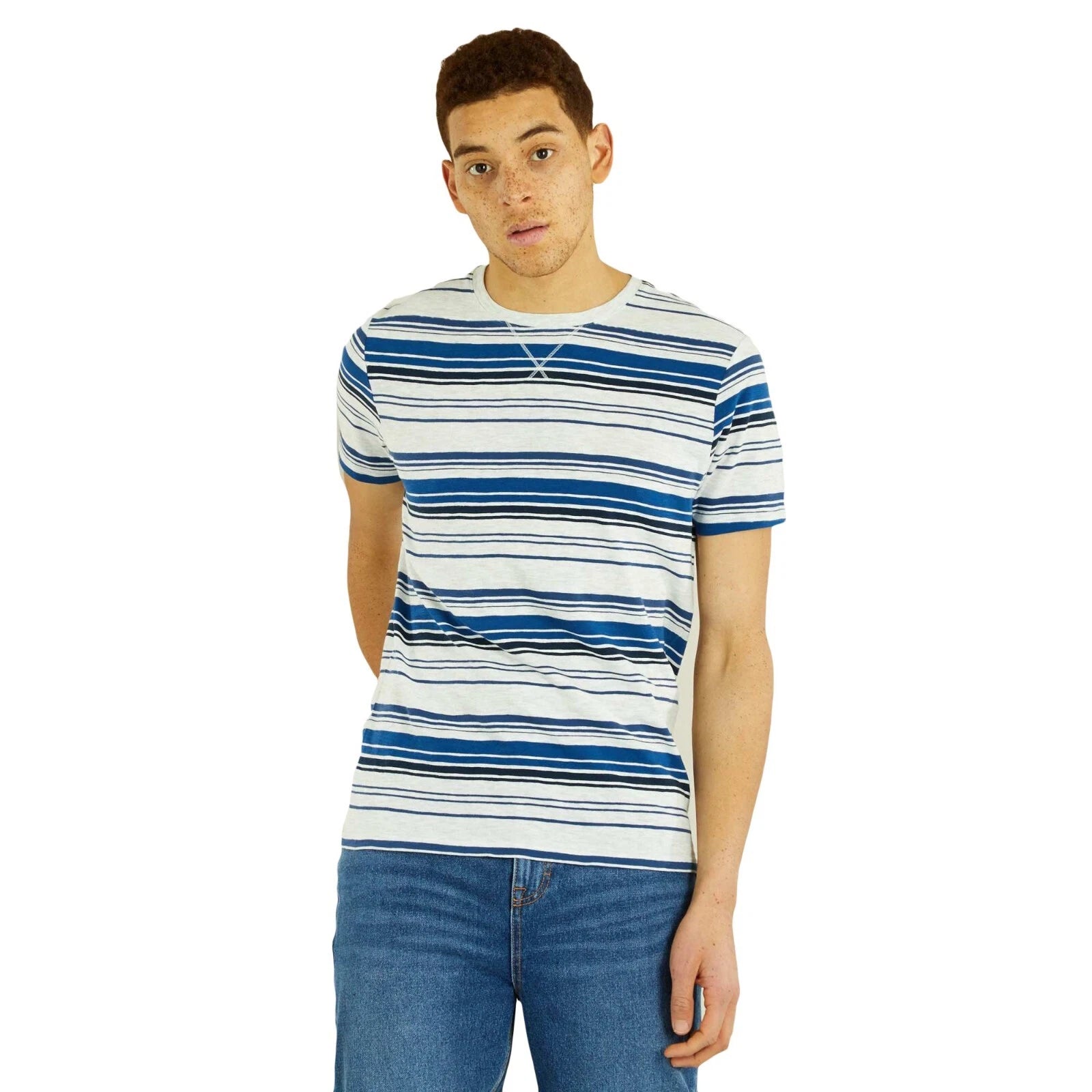 Kiabi Mens Turquoise Stripes Crew Neck T-Shirt Blue Regular Short Sleeve Cotton