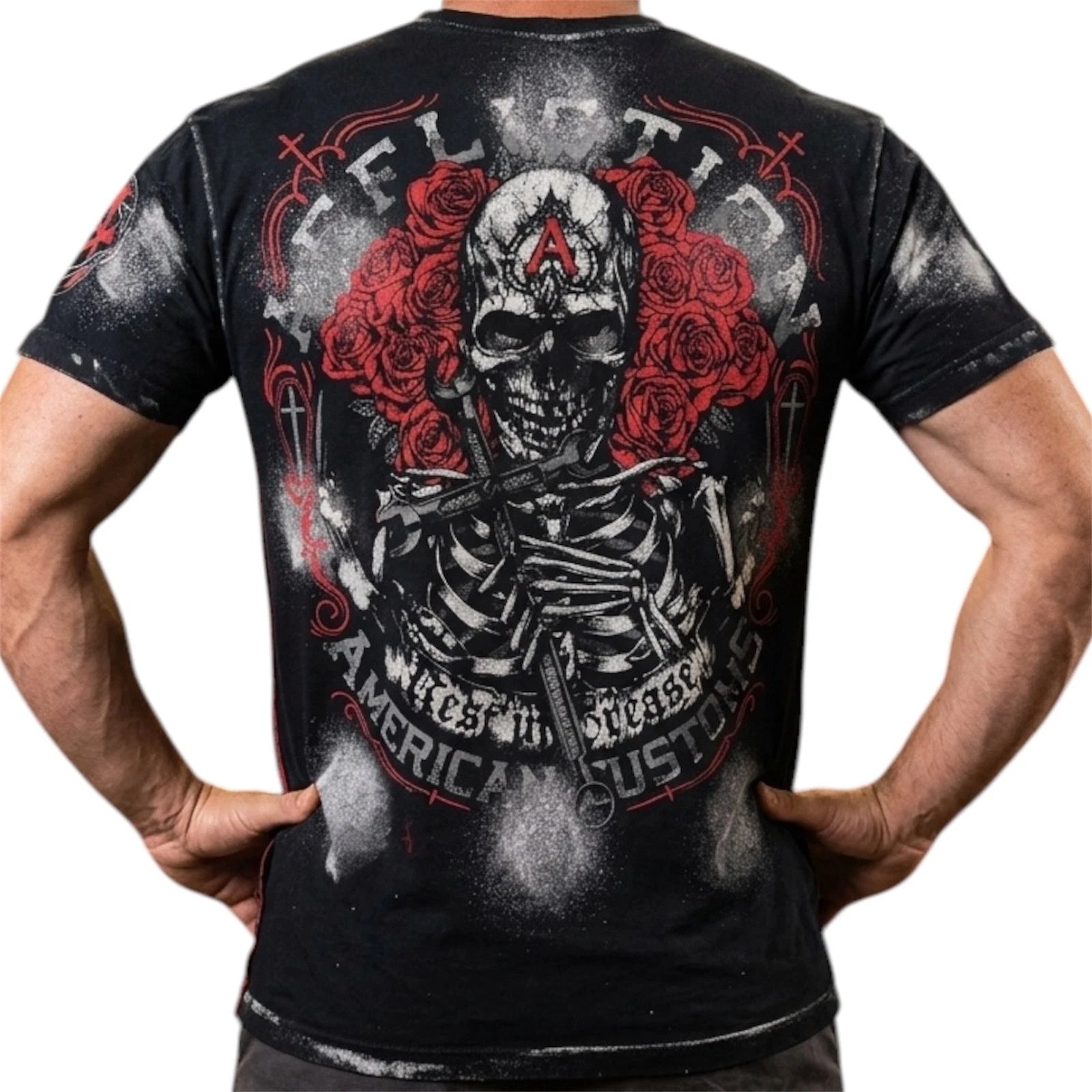 $58 AFFLICTION Black REST IN GREASE Short Sleeve Slim Fit Y2K Mens T-shirt NWT