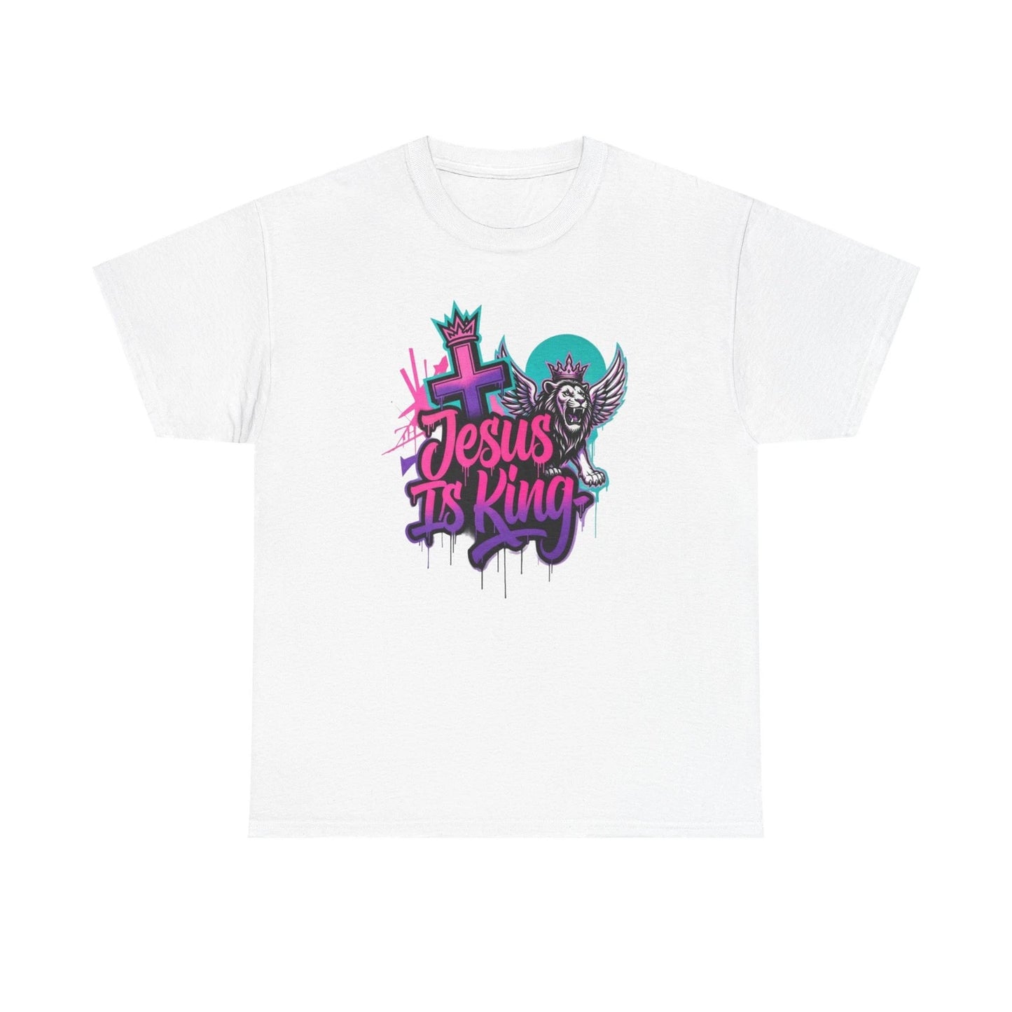 Jesus Is King T-Shirt | Christian Cross Graphic Tee, Neon Street Art Style