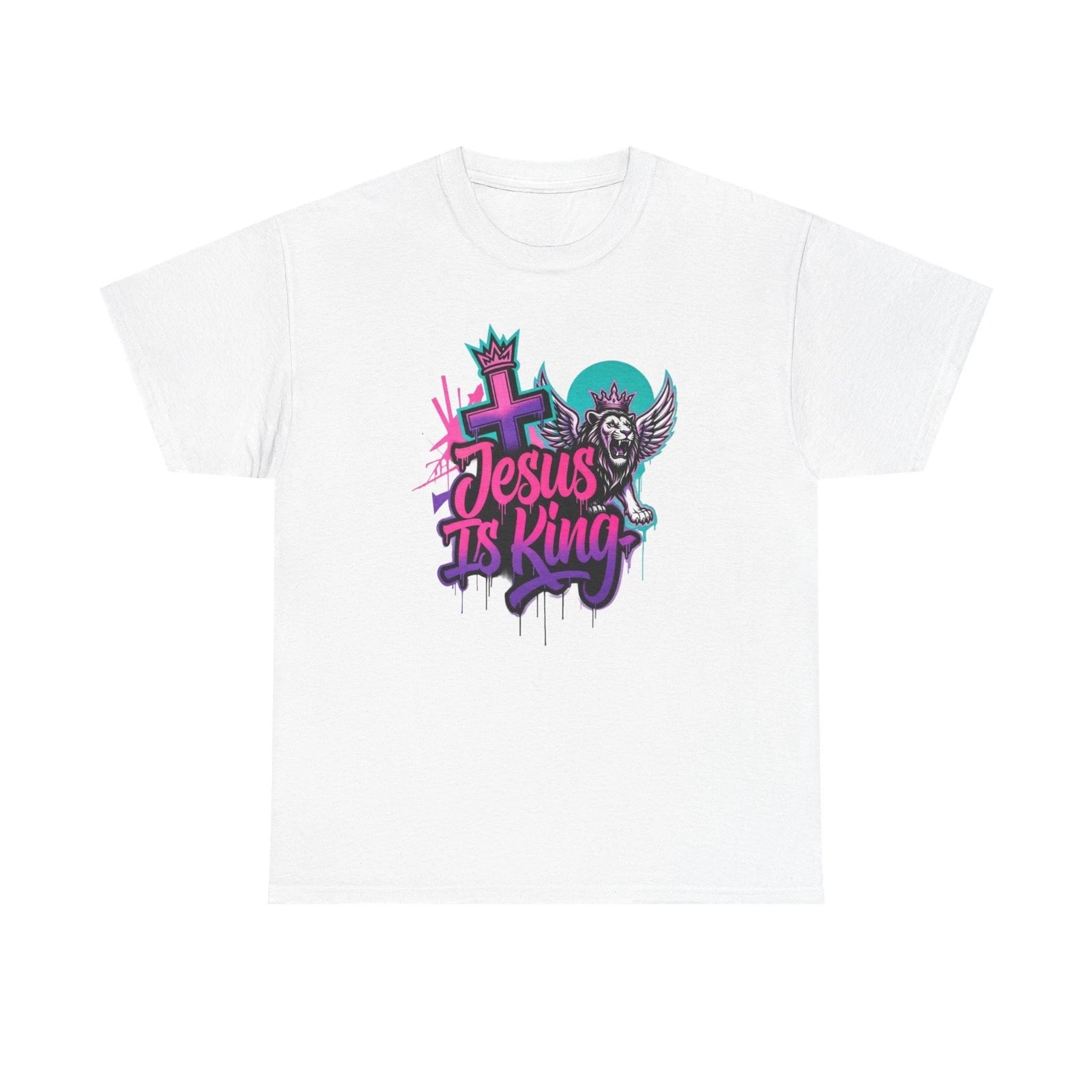 Jesus Is King T-Shirt | Christian Cross Graphic Tee, Neon Street Art Style
