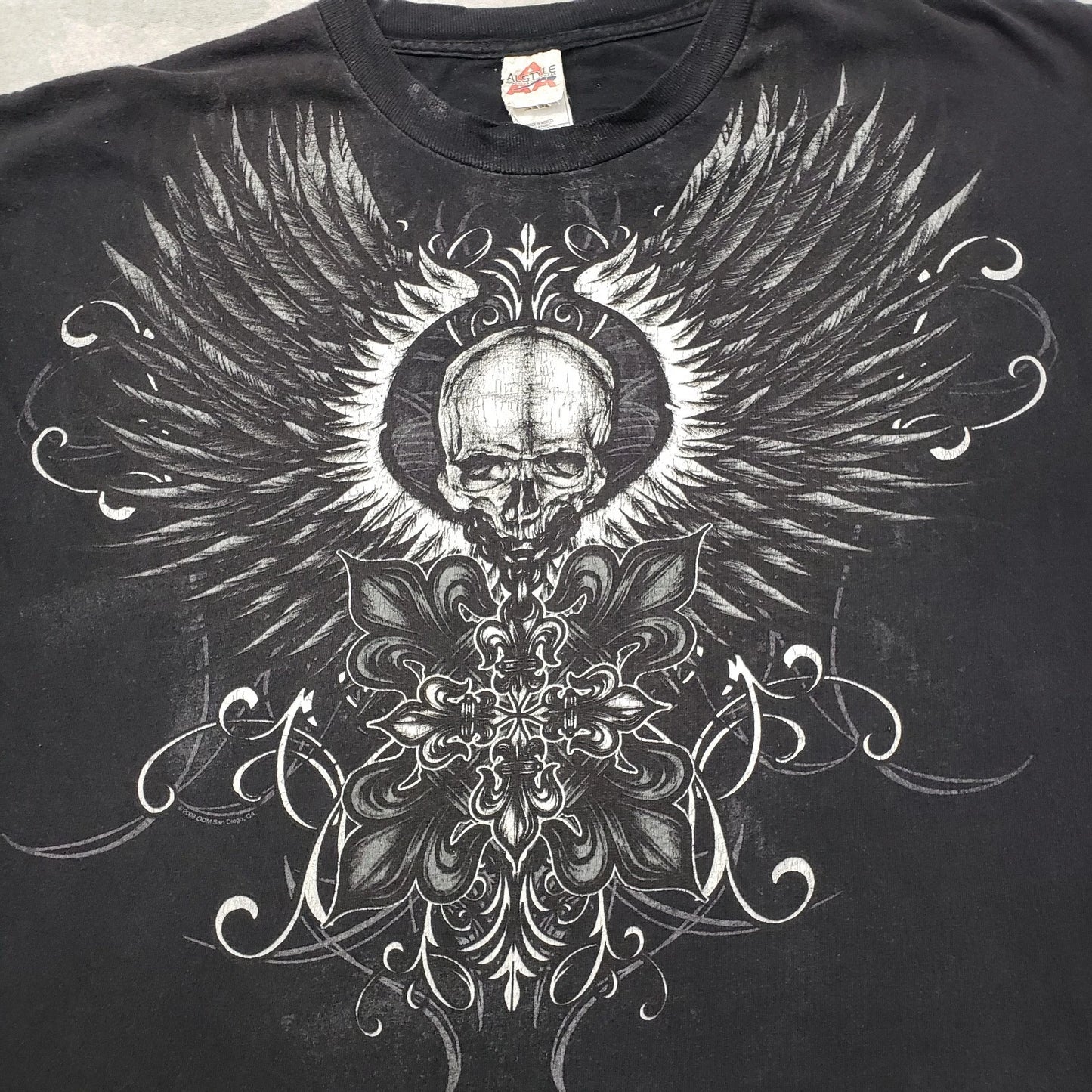 Vintage AAA Skull Shirt Mens Large Black Y2k Short Sleeve Grunge Skate