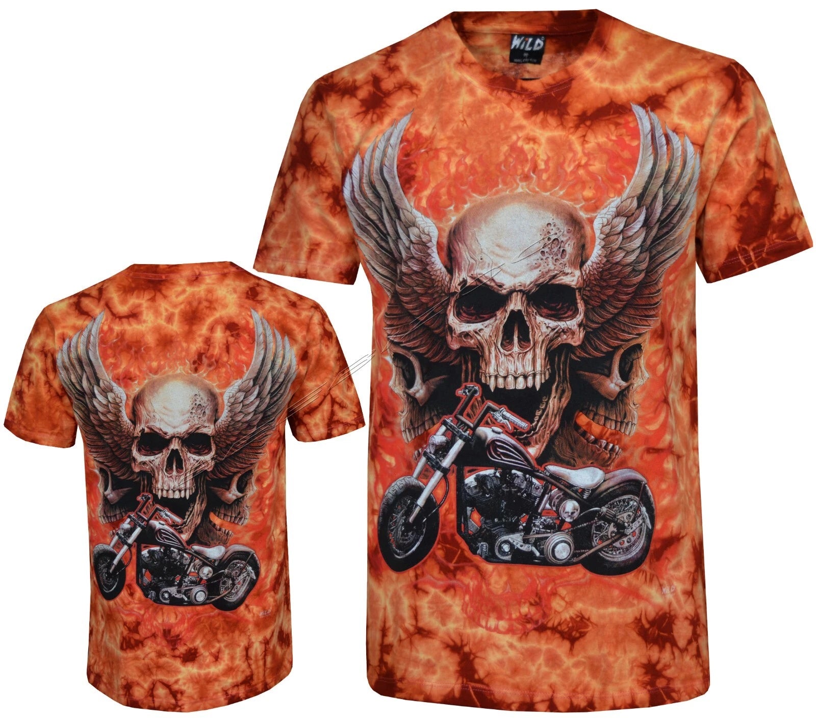 Tie Dye T-shirt 3 Skulls over Motorcycle Angel Wings Biker Glow in Dark by Wild