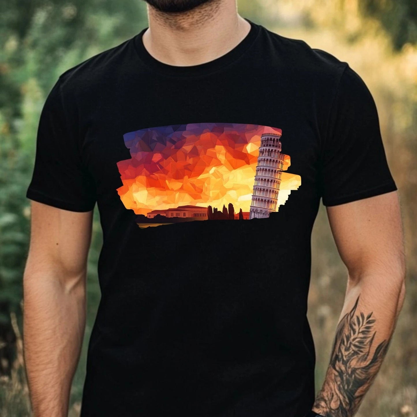 Mens Pisa Tower Polygonal Motif Cotton T-Shirt Size XS to 5XL