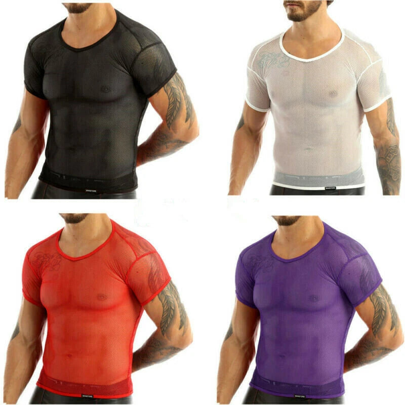 Men's Summer Casual Mesh Shirt Fishnet Fitted Short Sleeve Muscle Sheer Tops