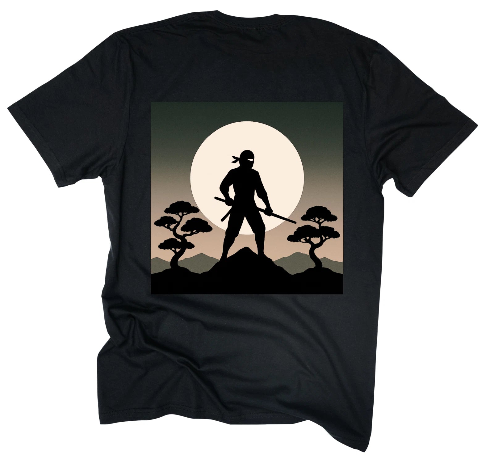 Ninja Warrior T-Shirt  Samurai Silhouette with Moon & Bonsai  Martial Arts Gift
