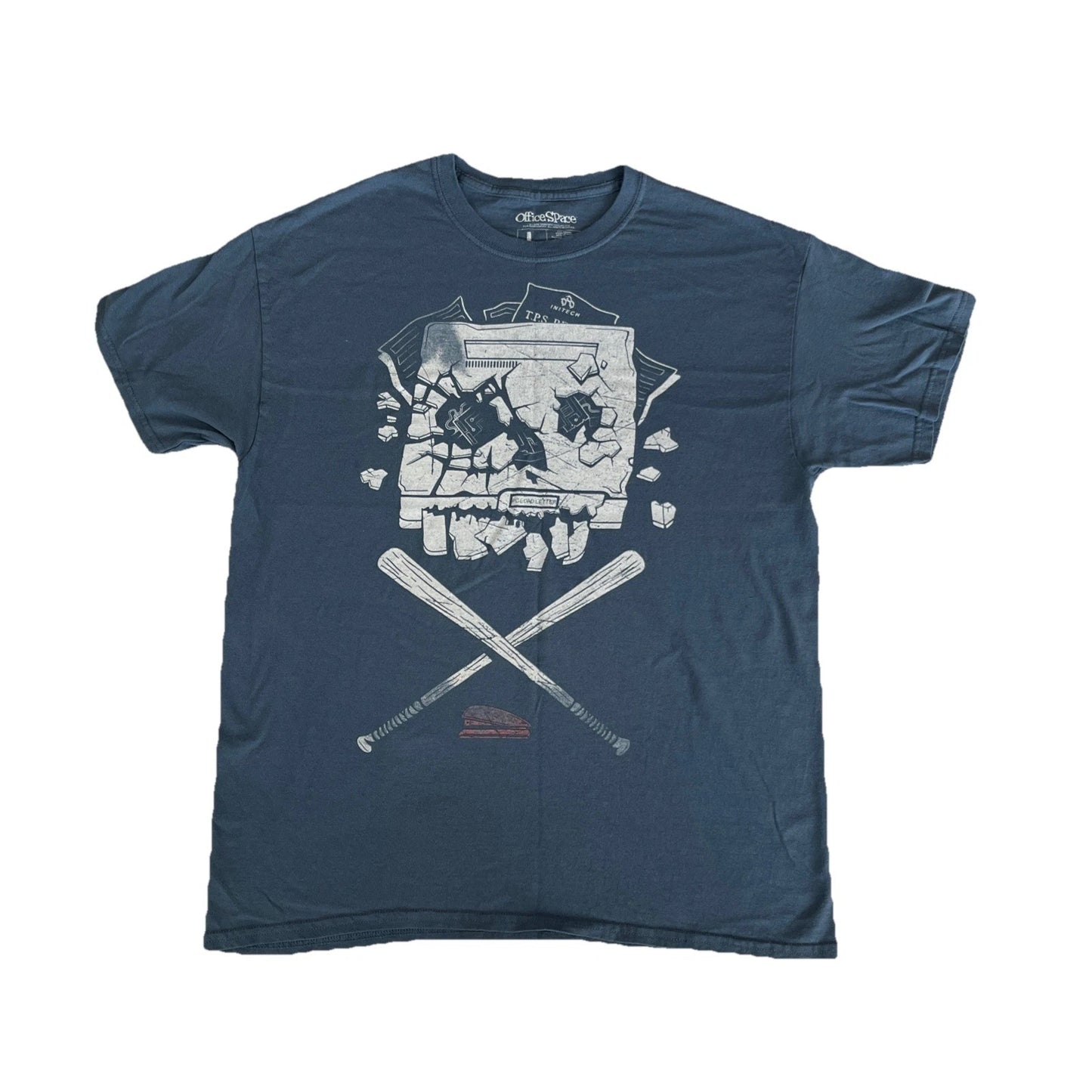 Office Space Mens  T-Shirt- Crossed Bats Smashed Printer Pic Red Stapler Large