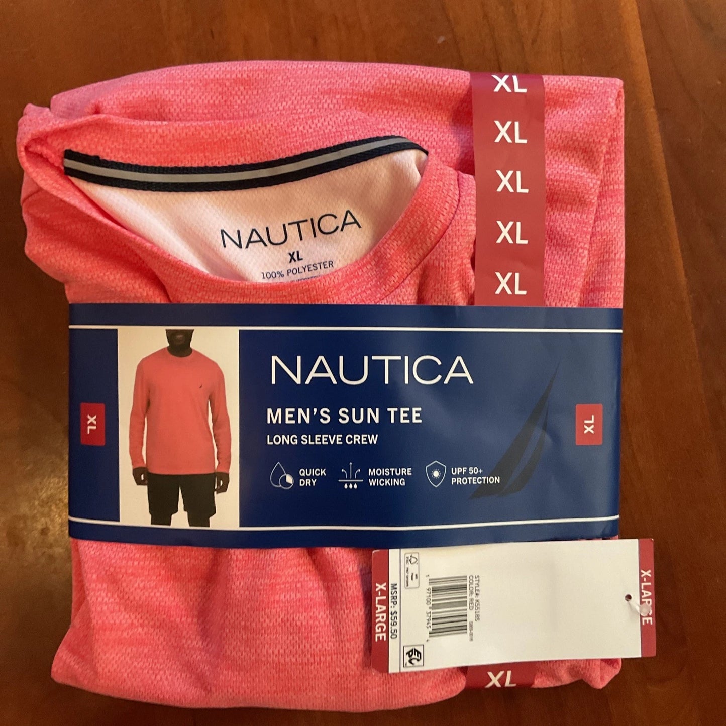 Nautica Men's Long Sleeve Crew Sun Tee Quick Dry Moisture Wicking UPF 50+ Sz XL