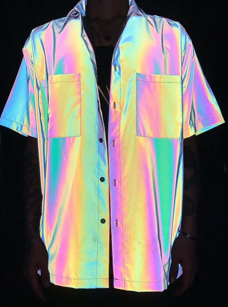 Mens Rainbow Reflective Shirt Rave Street Hip Hop Button Up Short Sleeve Top