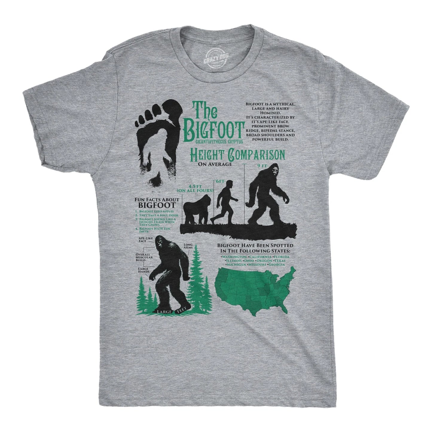 Mens Funny T Shirts Bigfoot Facts Sheet Sarcastic Sasquatch Graphic Novelty Tee