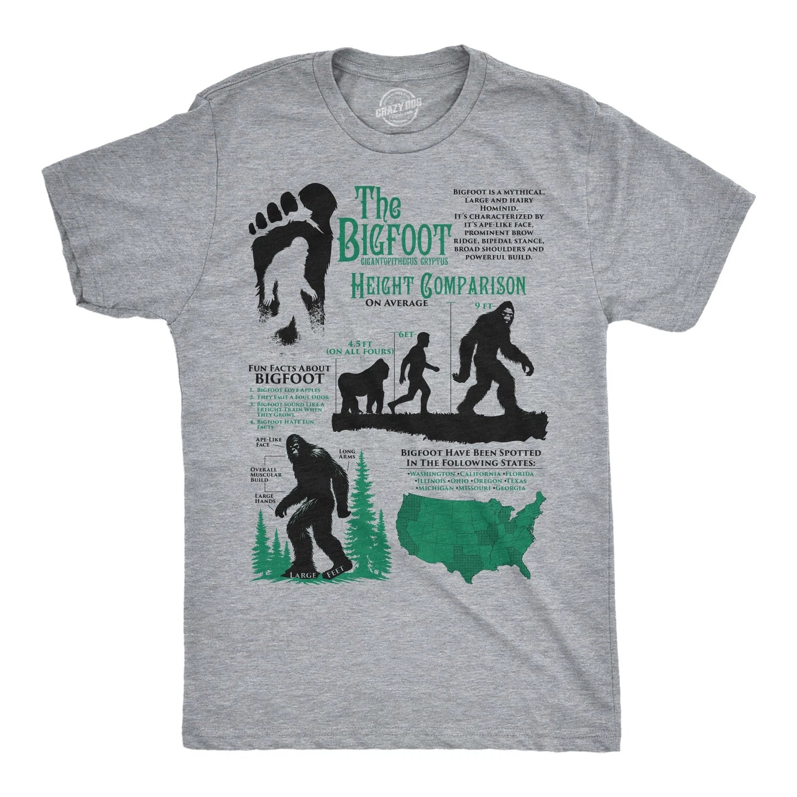 Mens Funny T Shirts Bigfoot Facts Sheet Sarcastic Sasquatch Graphic Novelty Tee