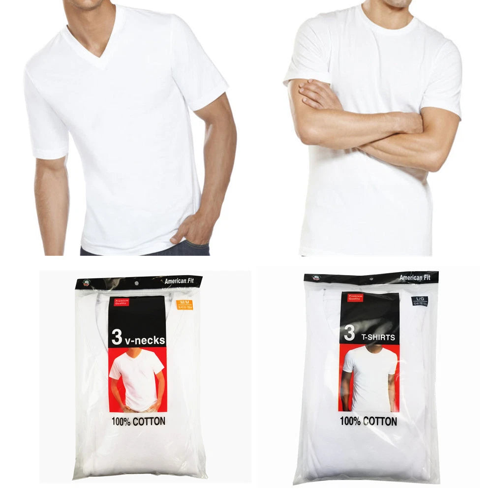 3-6 Pcs White Men Premium 100% Cotton Tag-less T-Shirt Undershirt Crew / V-Neck