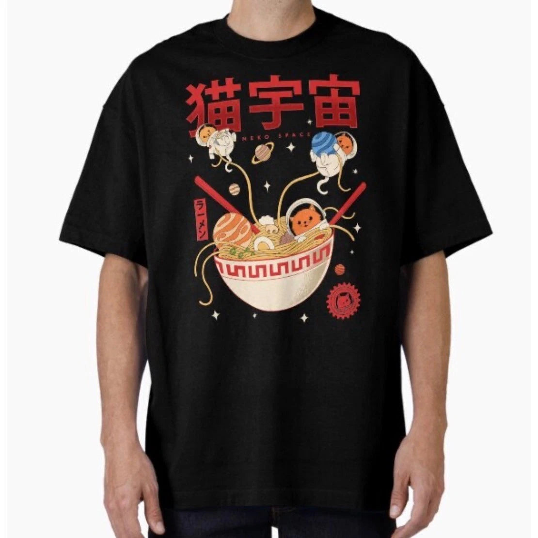 Threadless Neko Space Ramen Cat Astronaut Mens Black Graphic T-Shirt Medium