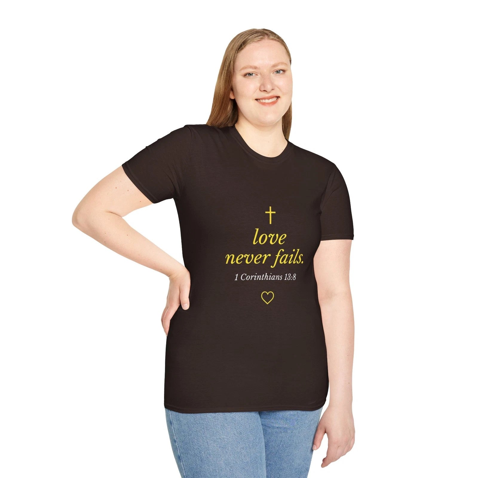 Love Never Fails T-Shirt | Christian Cross Typography Minimalist Faith Tee