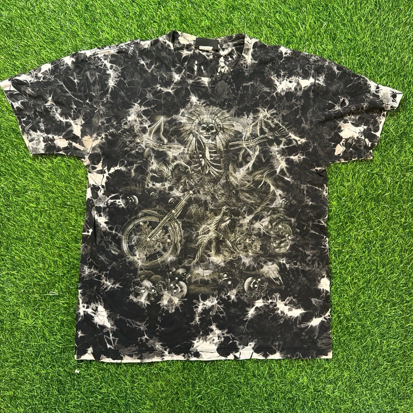 Y2K Skeleton Motorcycle Grunge Black/White Tie Dye T-shirt Tagged Men’s Large