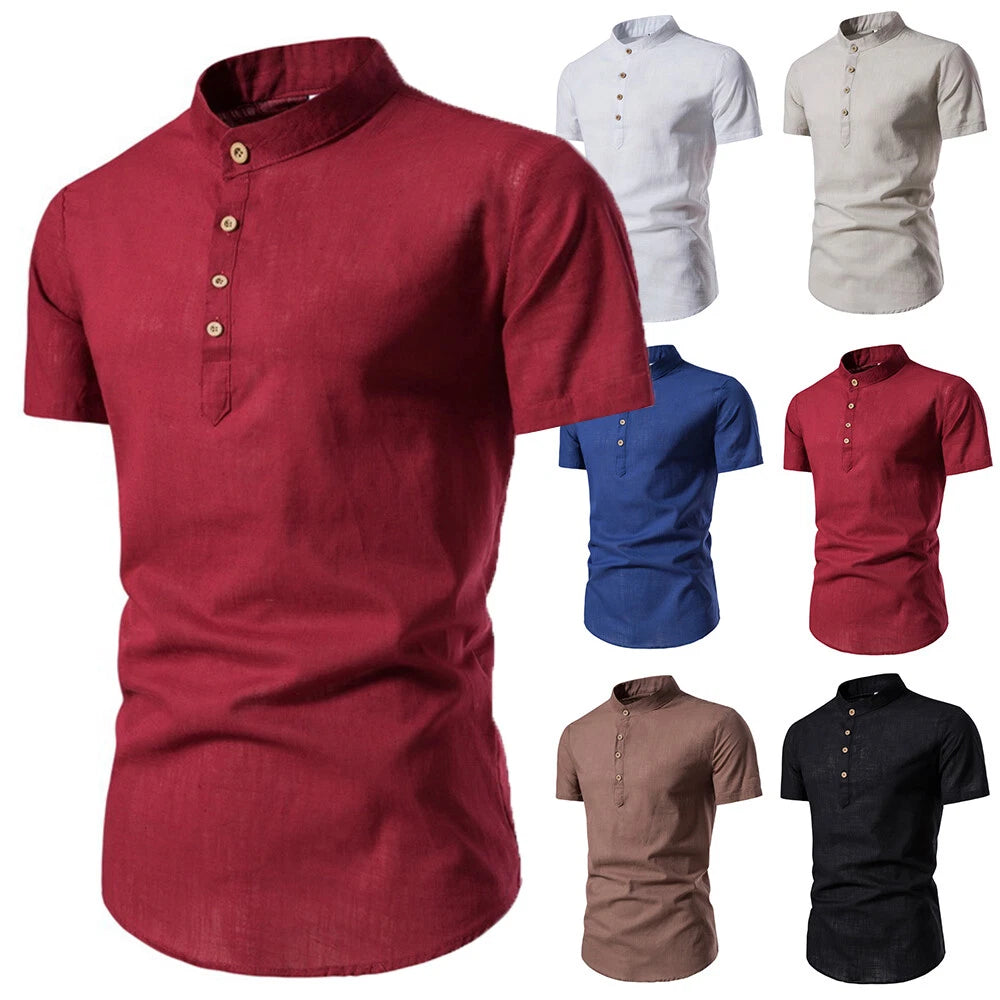 Men T Shirt Top Short Sleeve Casual Slim Fit Stand Collar  Solid Color Button E