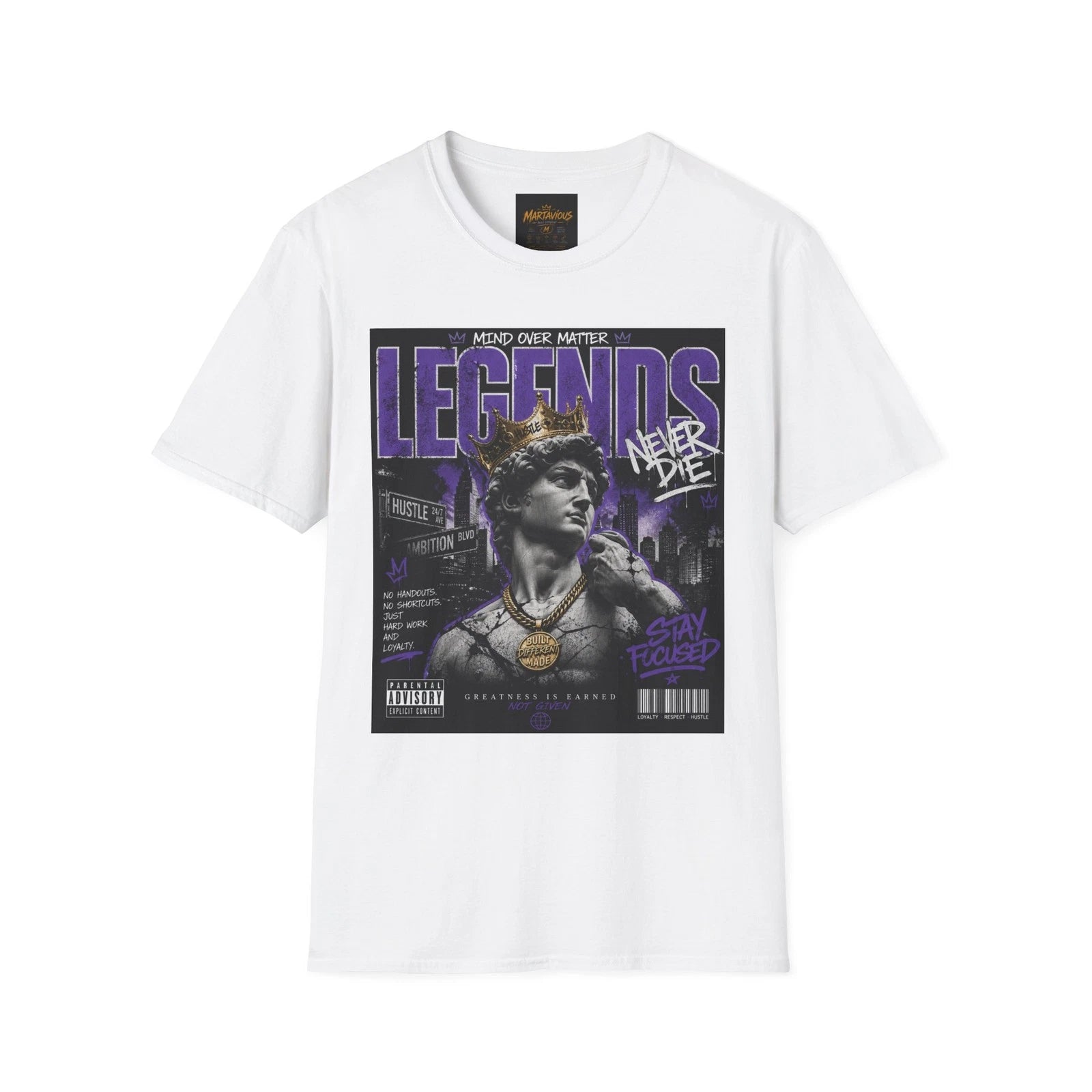 LEGENDS NEVER DIE Graphic Tee Hip Hop Streetwear Purple Rap T-Shirt