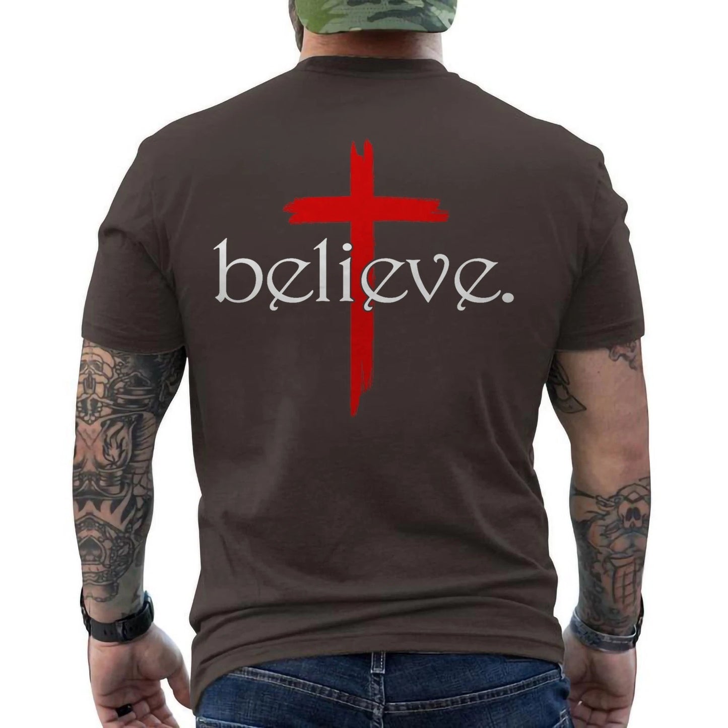 Believe In Cross Jesus Christ Christian Sayings Bible Faith God ON BACK Tee