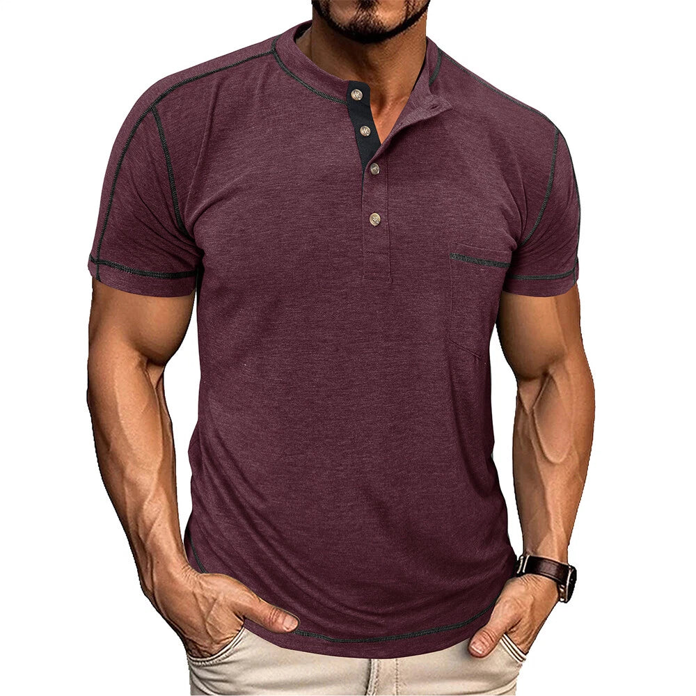 Mens Short Sleeve Henley Shirt Casual Slim Shirts Button Tops Blouse