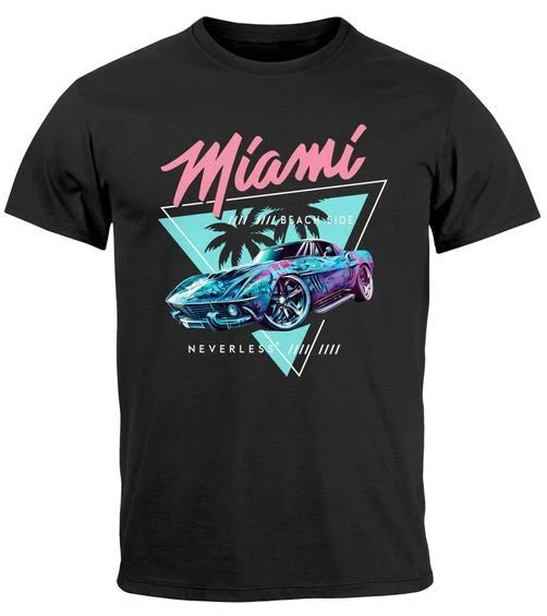Mens T-Shirt Printed Miami Beach Surfing Motif USA Retro Automotive 80s