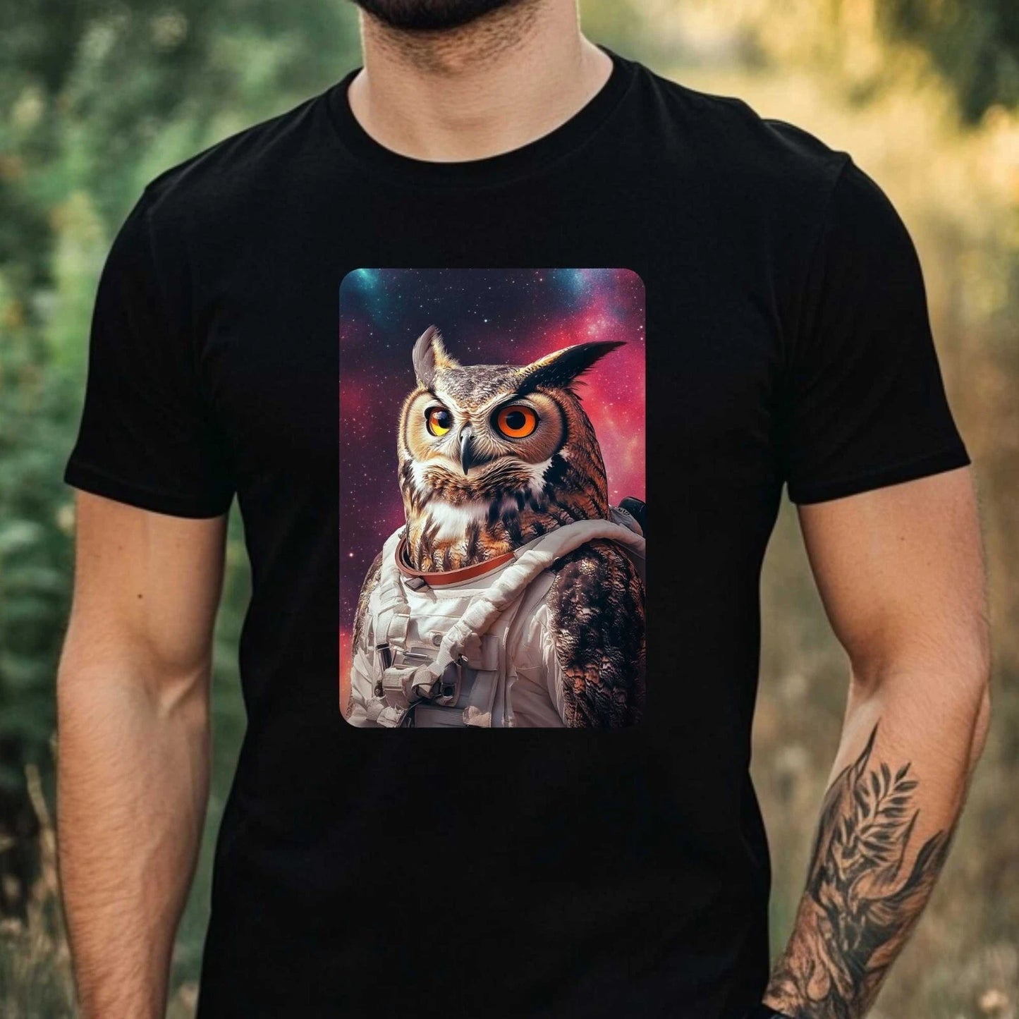 Mens Owl as Astronaut Print Cotton T-Shirt Size XS to 5XL
