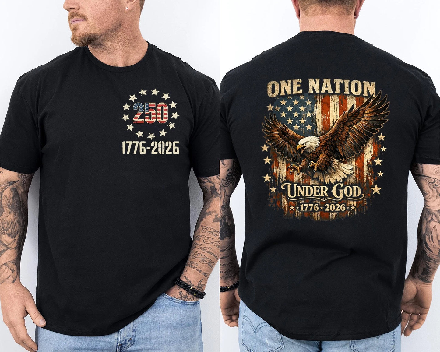 One Nation Under GOD 250 Years American Flag 250th Anniversary USA 2 Sided Tee