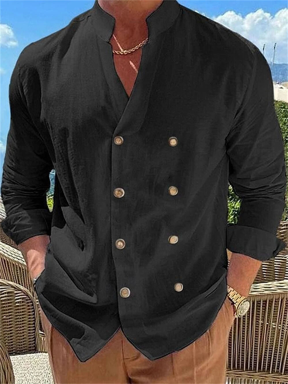 Men's Linen Shirt Double-Breasted Shirts Long Sleeve Button Down Tops Blouse