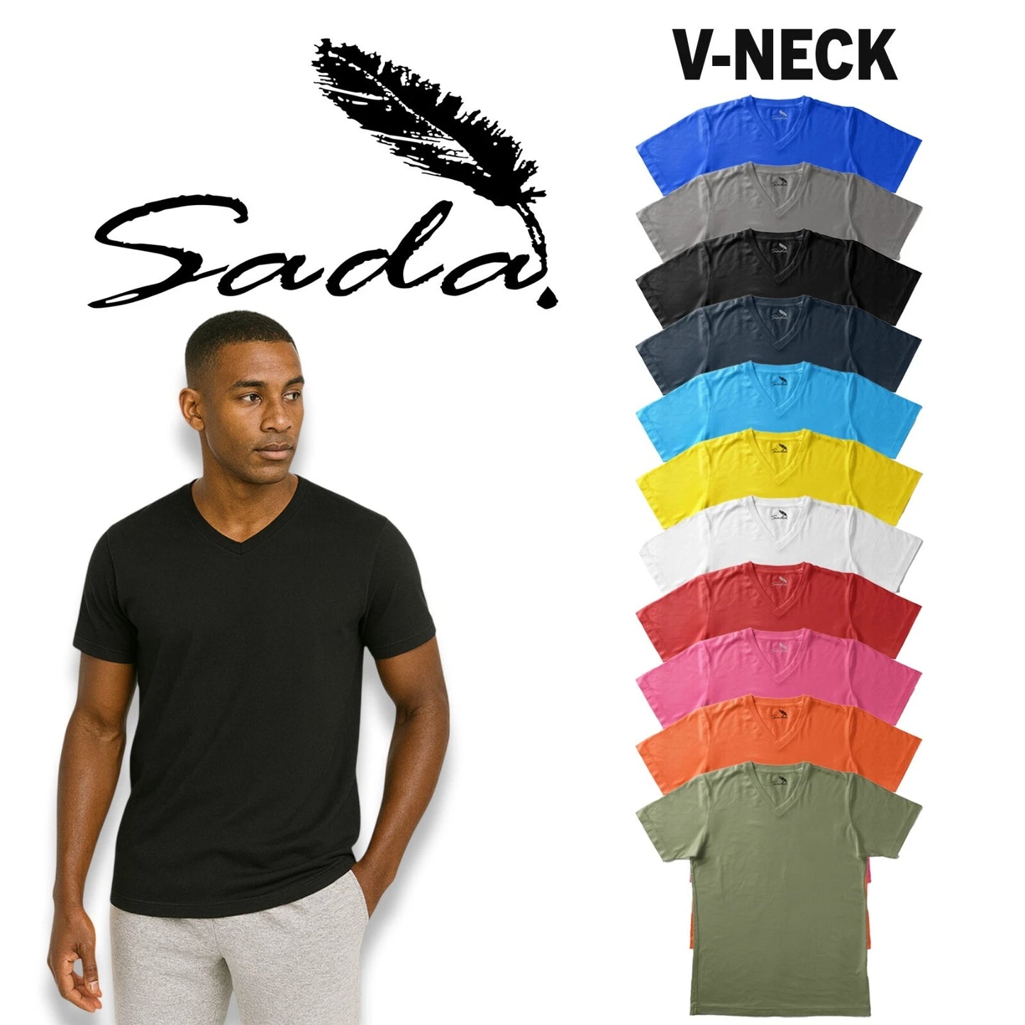 Sada T-Shirts 6-Pack V-Neck 100% Cotton Plain Solid Color Sizes S-6XL